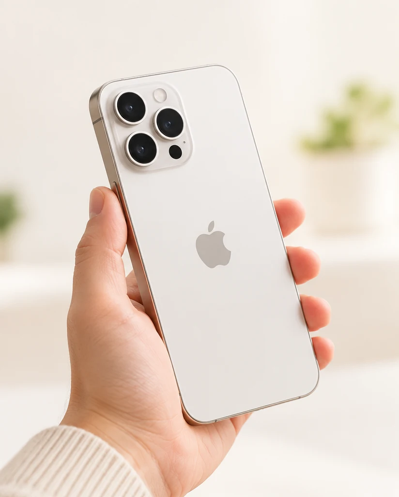 Minh họa bàn tay cầm iPhone màu trắng bạc