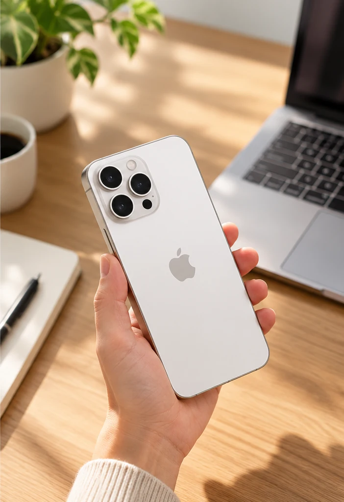 Minh họa bàn tay cầm iPhone màu trắng bạc trên bàn làm việc