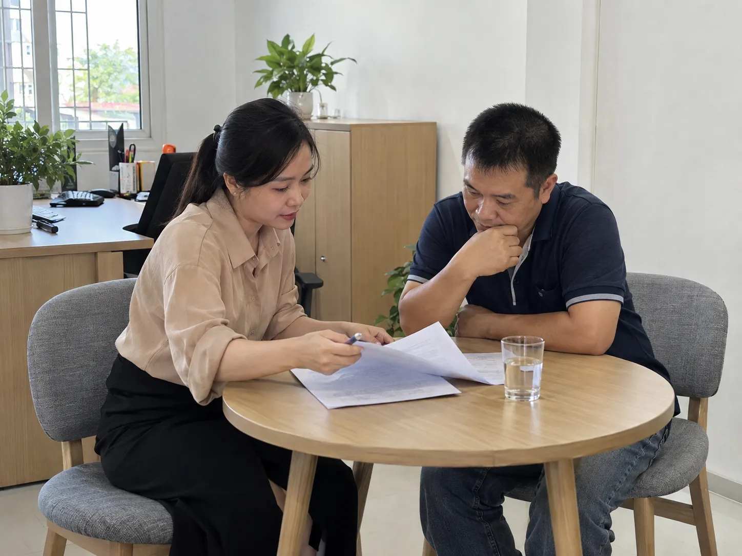 Nhân viên cùng khách xem xét giấy tờ hồ sơ tại bàn tròn